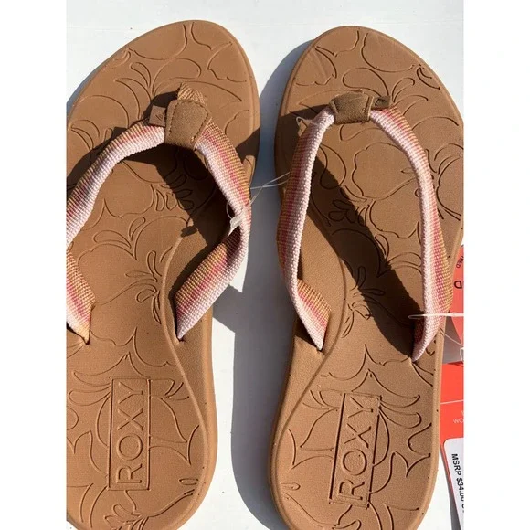 Roxy Colbee Flip Flop Sandals Womens 5 Brown Pink Woven  NEW - Picture 2 of 4